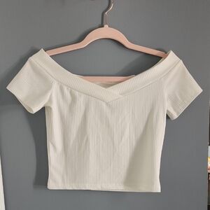 Off-Shoulder Ribbed White/ Cream Crop Top